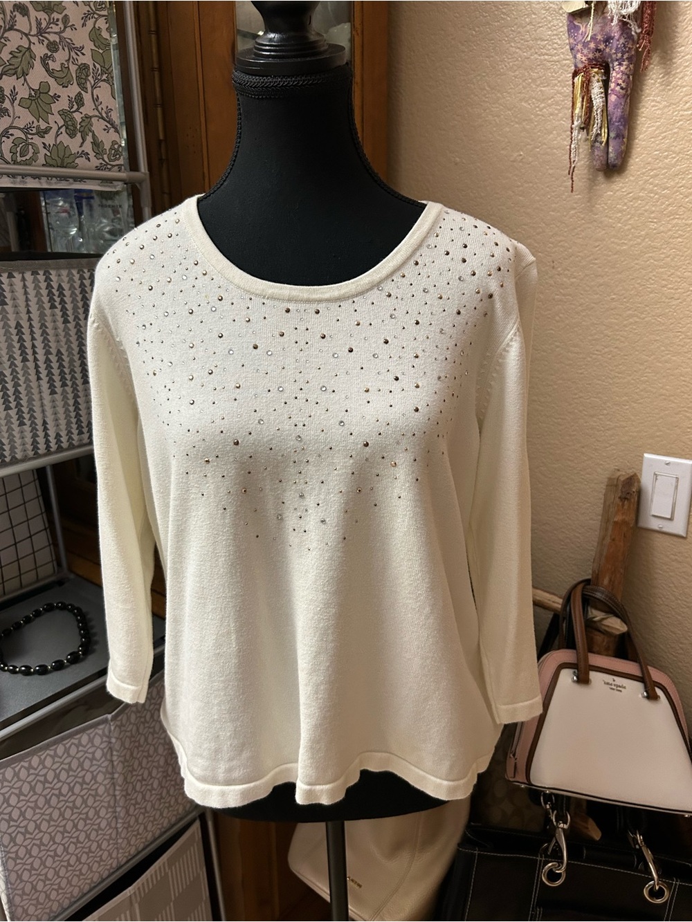 TanJay Ivory Long Sleeve Top with Rhinestone Accents